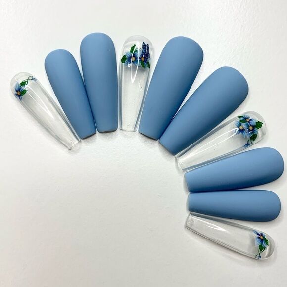 Simple Blue Custom Press On Nails | High Quality Nails | Handmade - Picture 1 of 10